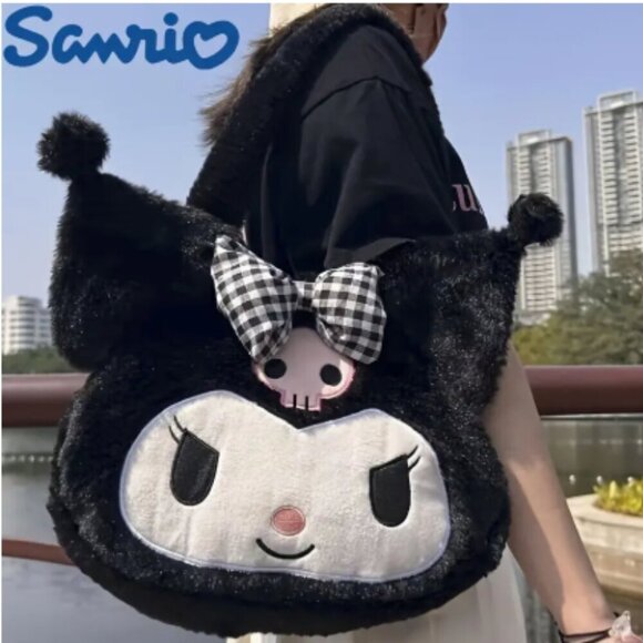 Kuromi Plush Purse Handbag Black with Gingham Bow and PInk Skull NWT - Picture 2 of 2
